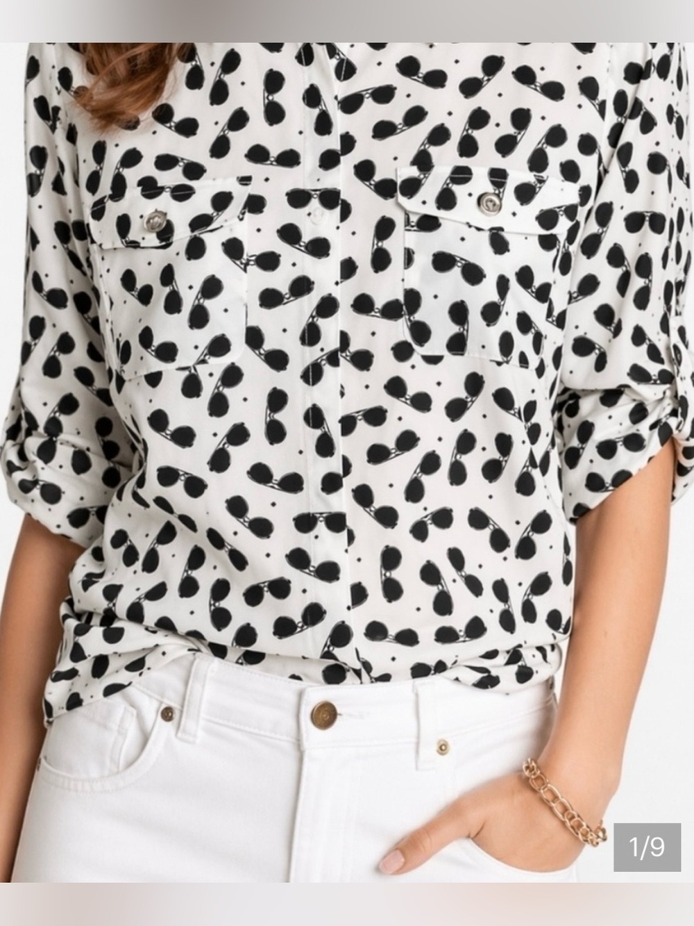 KARL LAGERFELD long sleeve aviator sunglasses print button down blouse Large - Picture 1 of 11